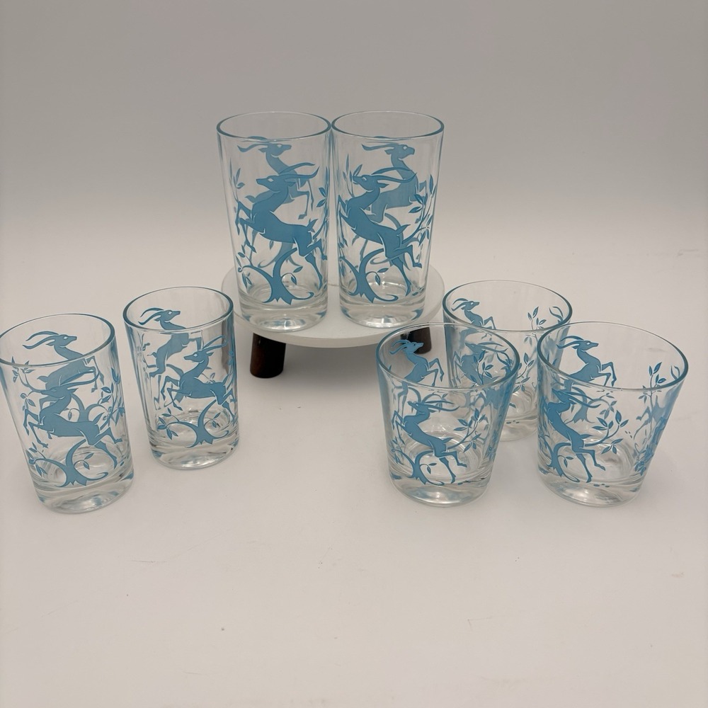 7 VTG 1960's MCM Federal Glass High & Low Ball Juice Glass Blue Gazelle Tumblers